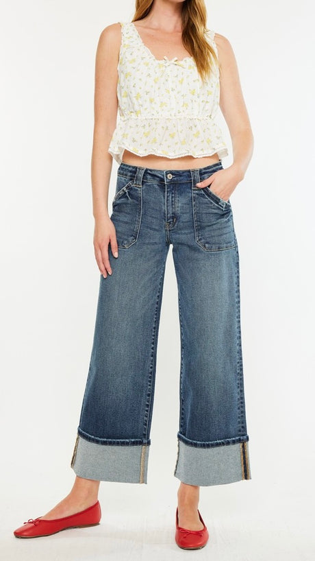 Mid Rise Patch Pkt Cuffed Wide Leg Jean