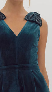 Velvet Sequin Bow Shoulder Jumpsuit