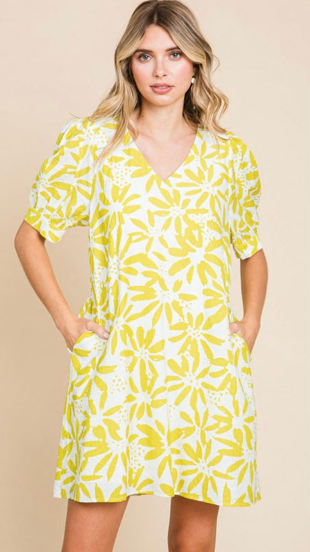 Banded Sleeve V-Neck Shift Dress