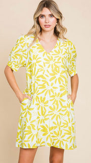 Banded Sleeve V-Neck Shift Dress