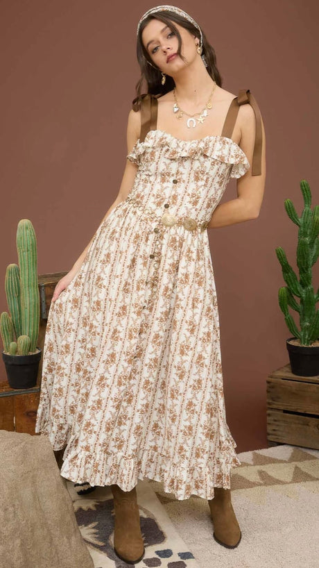 Floral Ruffle Trim Ribbon Tie Midi Dress