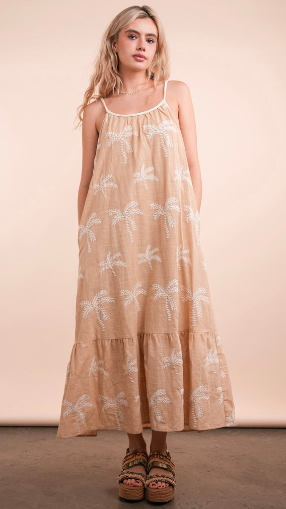 Palm Tree Embroidered Tie Midi Dress