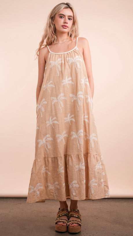 Palm Tree Embroidered Tie Midi Dress