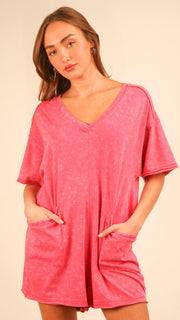 Mineral Wash V-Neck Knit Romper w/Pkts