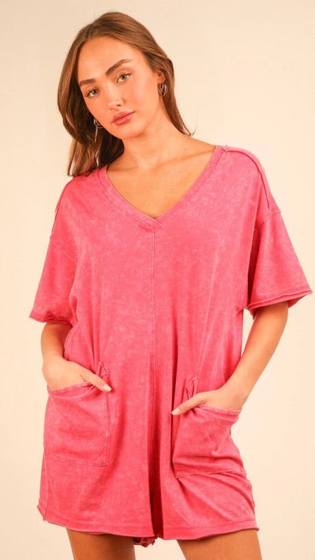 Mineral Wash V-Neck Knit Romper w/Pkts