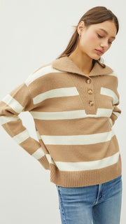 Stripe Half Button Collar Sweater