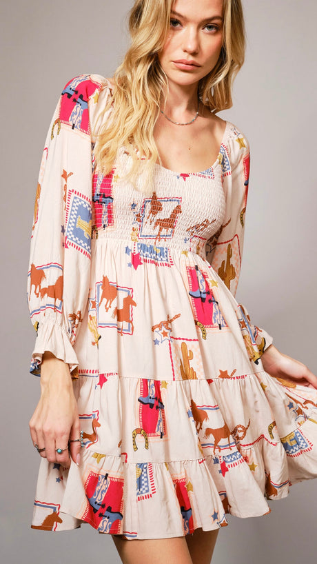 Western Print Smocked Bodice Dress