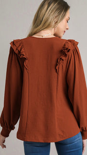 Ruffle Shoulder Split Neck L/S Top