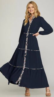 Printed Trim Long Sleeve Maxi Dress