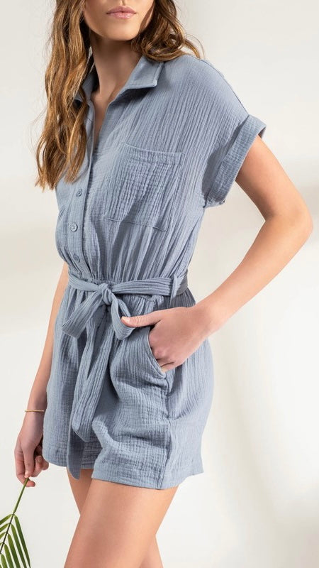 Cotton Gauze Tie Waist Romper