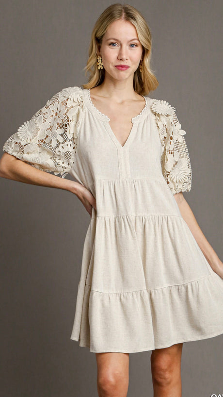 3D Crochet Floral Puff Sleeve Linen Dress