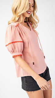 Scallop Trim Puff Sleeve Gauze Top