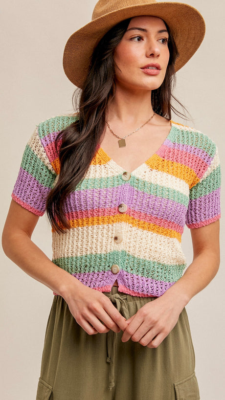 Rainbow Button V-Neck S/Slv Sweater