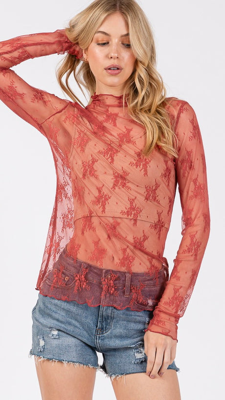 Lace High Neck Sheer Layer Top