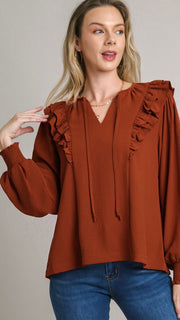 Ruffle Shoulder Split Neck L/S Top