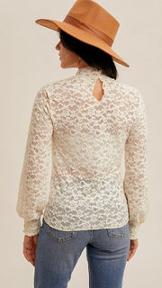 Lace Bubble Sleeve Mock Neck Top