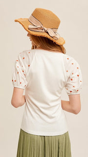 Cherry Embroider Puff Sleeve Top