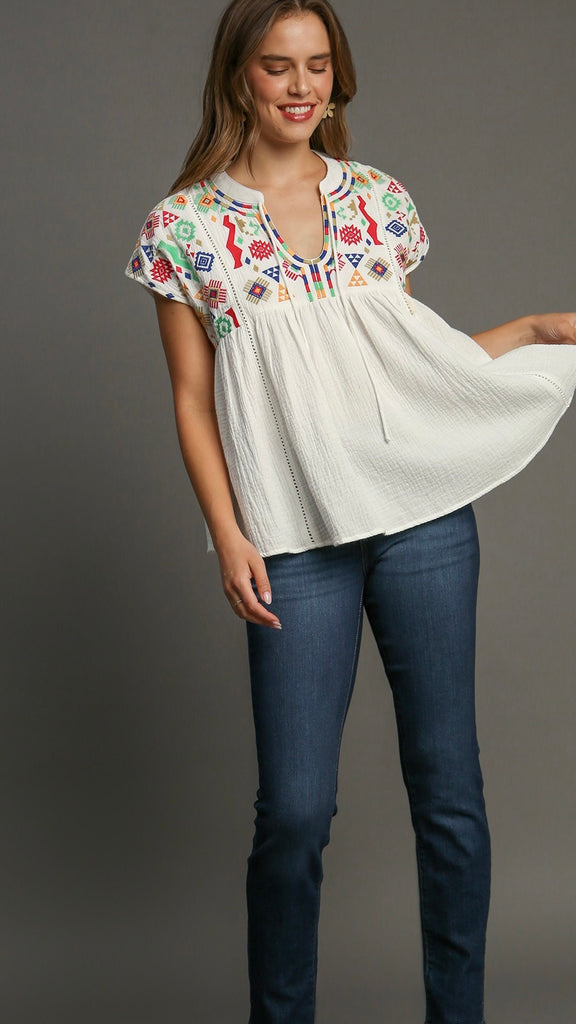 Embroidered Bib Babydoll Top