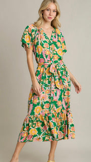 Big Floral Print Ruffle Hem Midi Dress