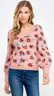 Rose Print Square Neck Sweater