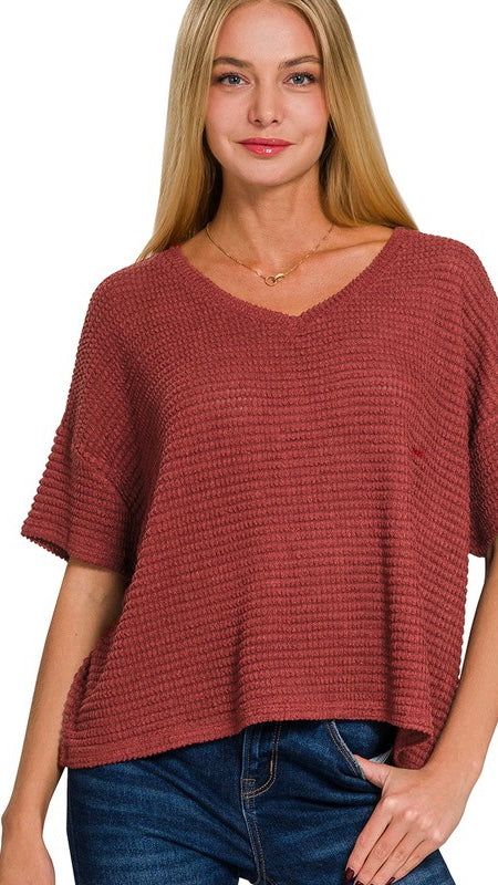 Textured Waffle Knit V-Neck Top