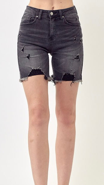 High Rise Destructed Washed Denim Shorts