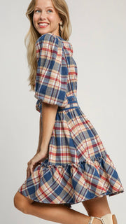 Plaid Flannel 1/2 Sleeve Velvet Trim Dress