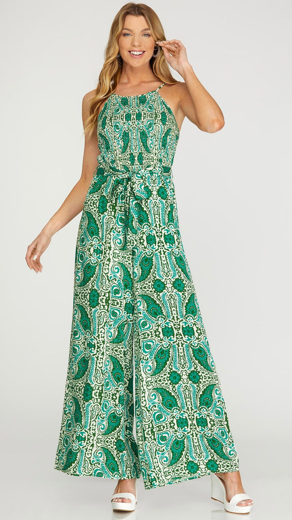 Paisley Print Smocked Jumpsuit w/Pkts