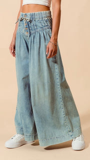 Pintuck Button Waist Wide Leg Jeans