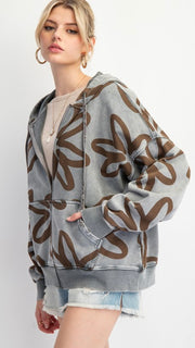 Jumbo Daisy Print Zip Hooded Sweatshirt