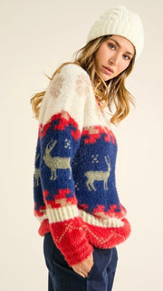 Holiday Reindeer+Snowflake Vneck Sweater