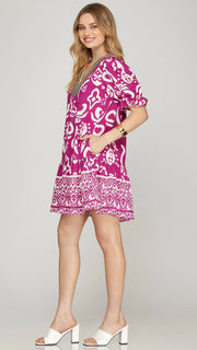 Puff Sleeve Dress w/Stripe Neck Trim