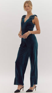 Velvet Sequin Bow Shoulder Jumpsuit