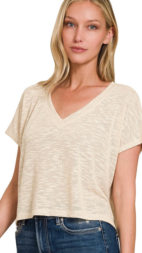 Loose V-Neck Textured Knit Top