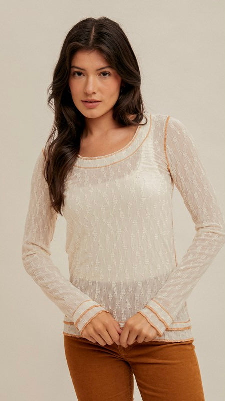 Lace Contrast Stitch L/S Top