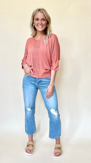 Contrast Weave V-Neck Dolman Sweater