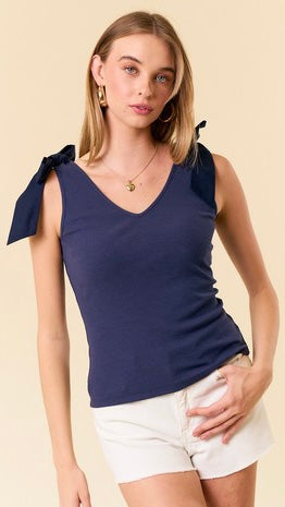 Ribbed V-Neck Tie Shoulder Tank Top