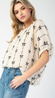 Bow Print Elastic Cuff Slouch Top