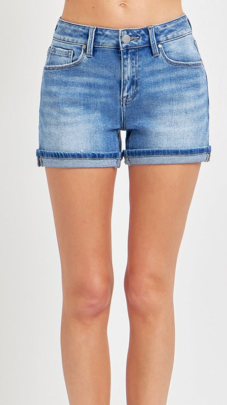 Mid Rise Cuffed Hem Denim Shorts