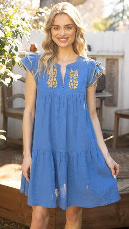 Embroidered Yoke Ruffle Sleeve Dress