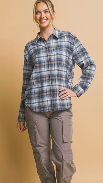 Lt Plaid Flannel Button Front Top