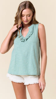 Slub Cotton Ruffle Neck Tank Top