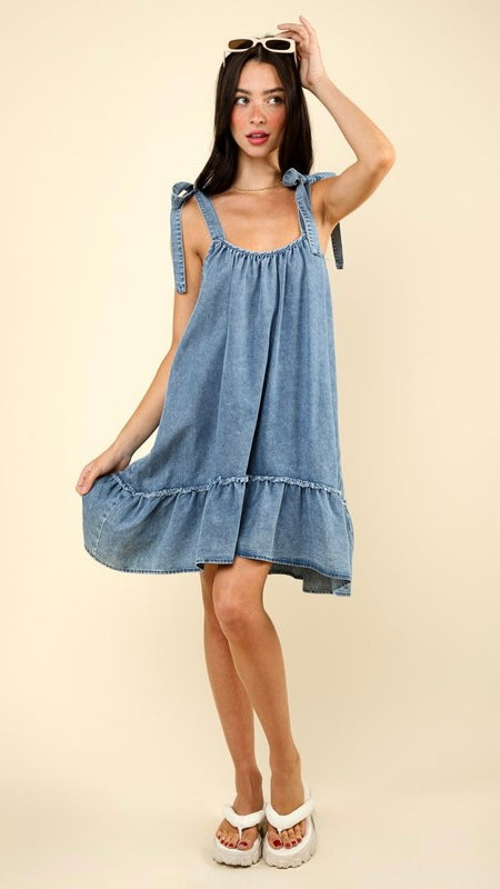 Washed Denim Ruffle Hem Dress