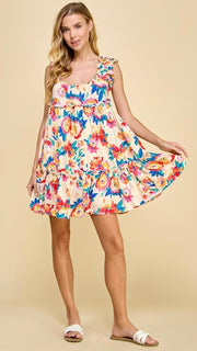 Bold Floral Ruffle X-Back Strap Dress