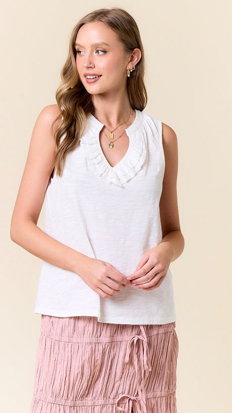 Slub Cotton Ruffle Neck Tank Top