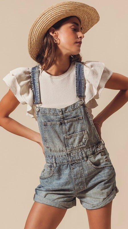 Washed Denim Cuffed Hem Romper