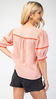 Scallop Trim Puff Sleeve Gauze Top