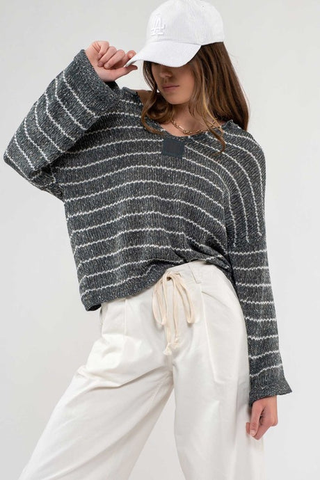 Stripe Split Neck Drop Shoulder Sweater