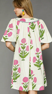 Floral Bouquet Split Neck Dress w/Pkts