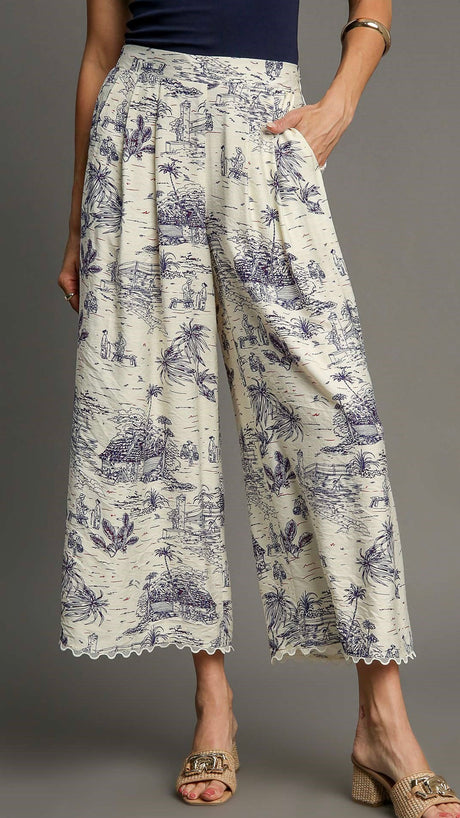 Landscape Print Scallop Trim Pants